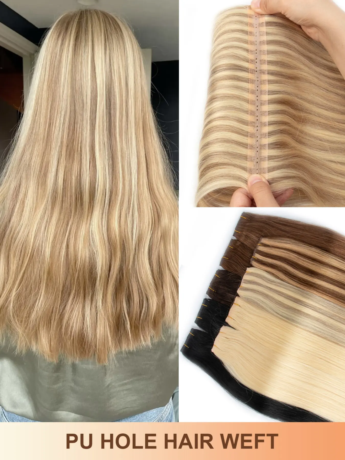 PU Hole Weft Real Human Hair Butterfly Weft Hair Extension Blonde 12-22inch Straight, Natural Looking Hair, Invisible Extensions Suitable for Daily & Party for Women Hair Weave Extensions