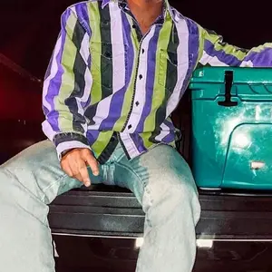 Men’s Western Cowboy Vintage-Style Printed Long-Sleeve Shirt, Loose Fit Striped Casual Top, Menswear X882