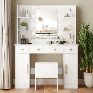 Vanity Desk with Large Mirror - Adjustable Lighting Modes with Vanity Stool- Charging Station and Ample Storage