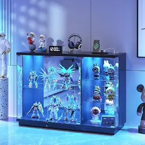 Dystler Glass Display Cabinet with Lock & LED Light, High Gloss Sideboard with Human Body Sensor & Glass Shelves for Toys, Books, Collectibles, Liquor, Bookcase for Living Room, Kitchen, Study