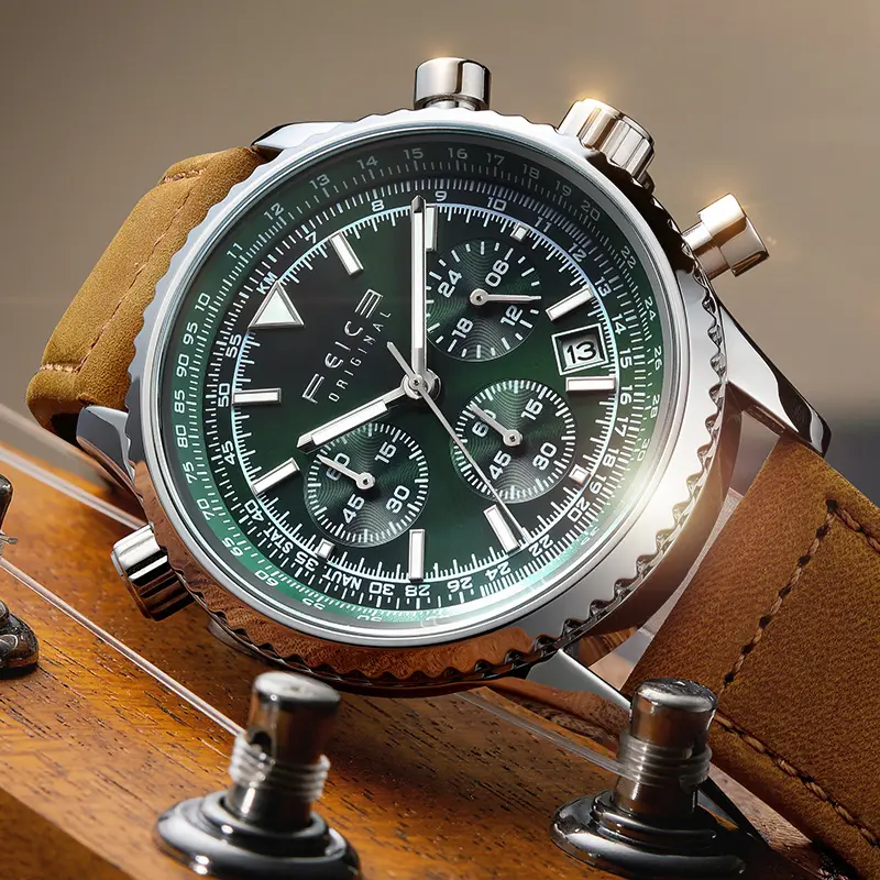 FEICE Men's Pilot Look Analog Quartz Watch with Brown Cowhide Leather Strap, 44mm Round Face, Luminous and Waterproof
