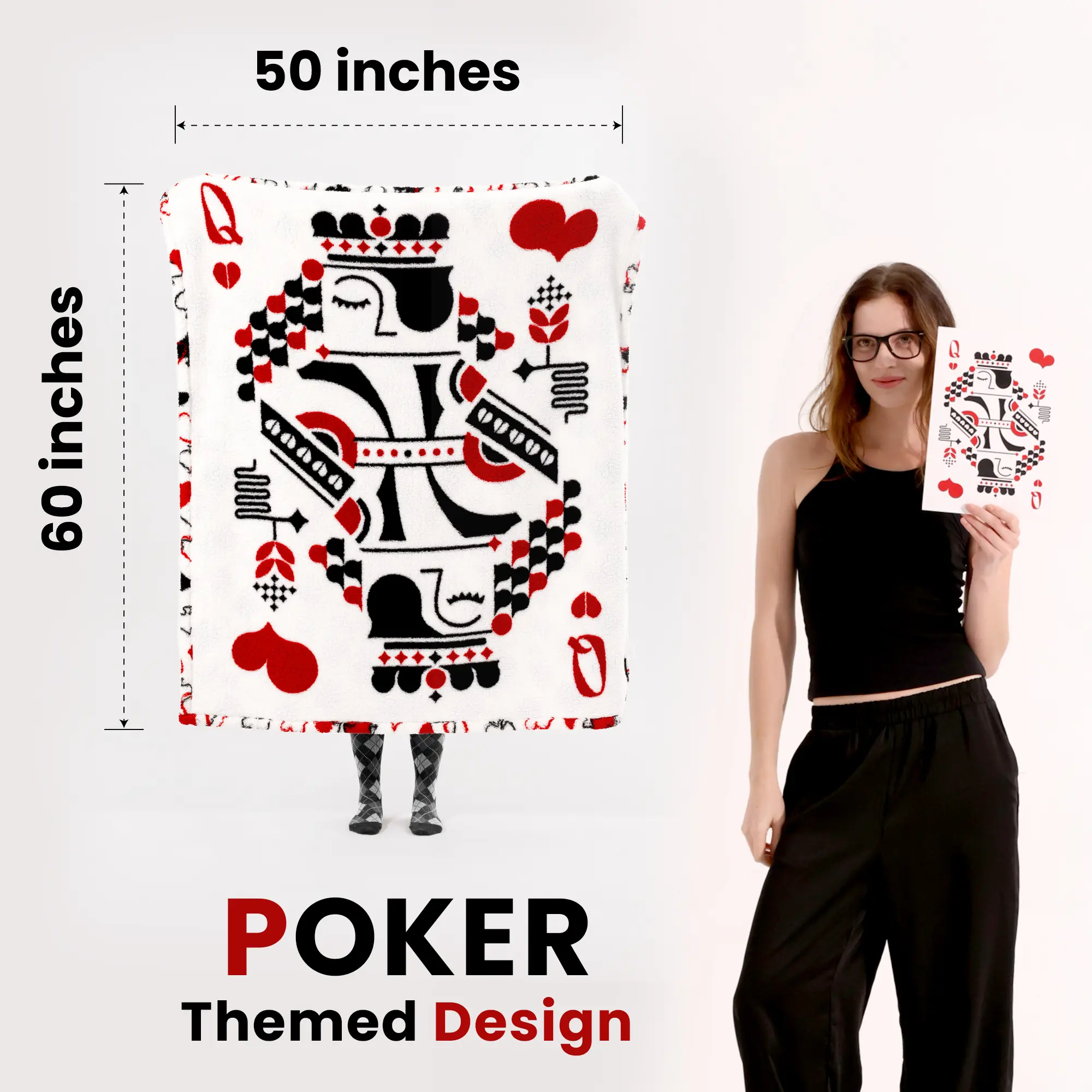 BLUNIQUE 2025 Printed Reversible Sherpa Throw Blanket, 50x60in Compact Sherpa Fleece, Super Cozy Poker Print, Soft Double Sided, Machine Washable, Elegant Design for Women's Home/Outdoor Gifts, Multi Purpose Blanket, Printed Blanket