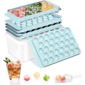 Stackable Round Ice Cube Tray Set with Lid & Bin – Create 99count Round Ice Balls, Ice Trays for Freezer is Easy to Release & Sturdy– Small Pellet Ice Maker for Drinks, Coffee and Cocktails