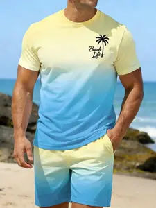 Men's Beach Two-Piece Set, to Blue Gradient T-Shirt + Shorts, Coconut Tree Print, Casual Style, All Seasons