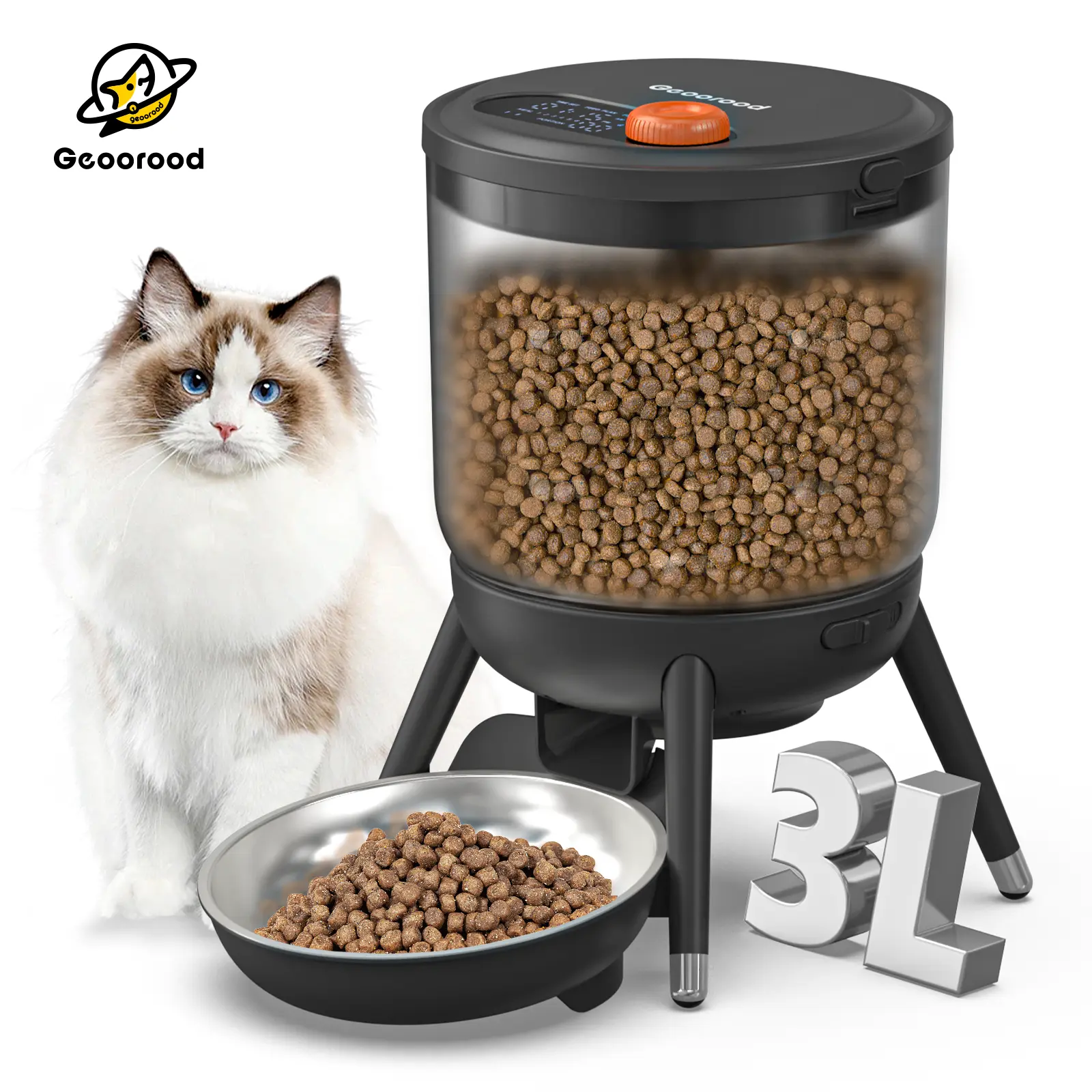 Geoorood 3L Dry Food Pet Feeder with Adjustable Bowl for Cats & Dogs - 3L Bottle Large Capacity Daily Use Dispenser (Summer Essentials, Deals for You Days, Summer Wins), 3 Liter Bottle