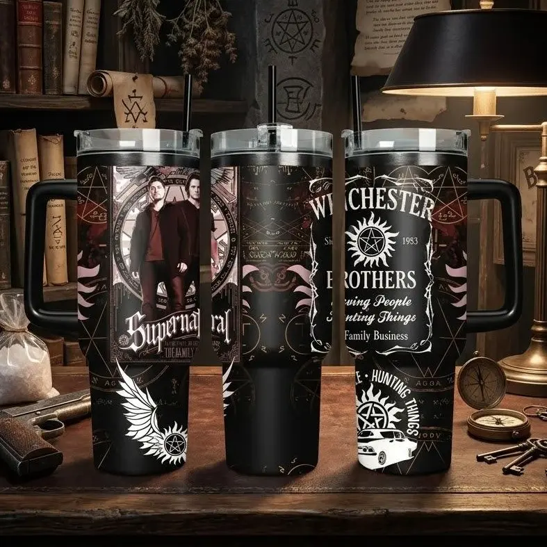 Supernatural Tumbler with Handle and Straw - Winchester Brothers 30oz 40oz Insulated Stainless Steel Travel Mug, Gift for Supernatural Fans