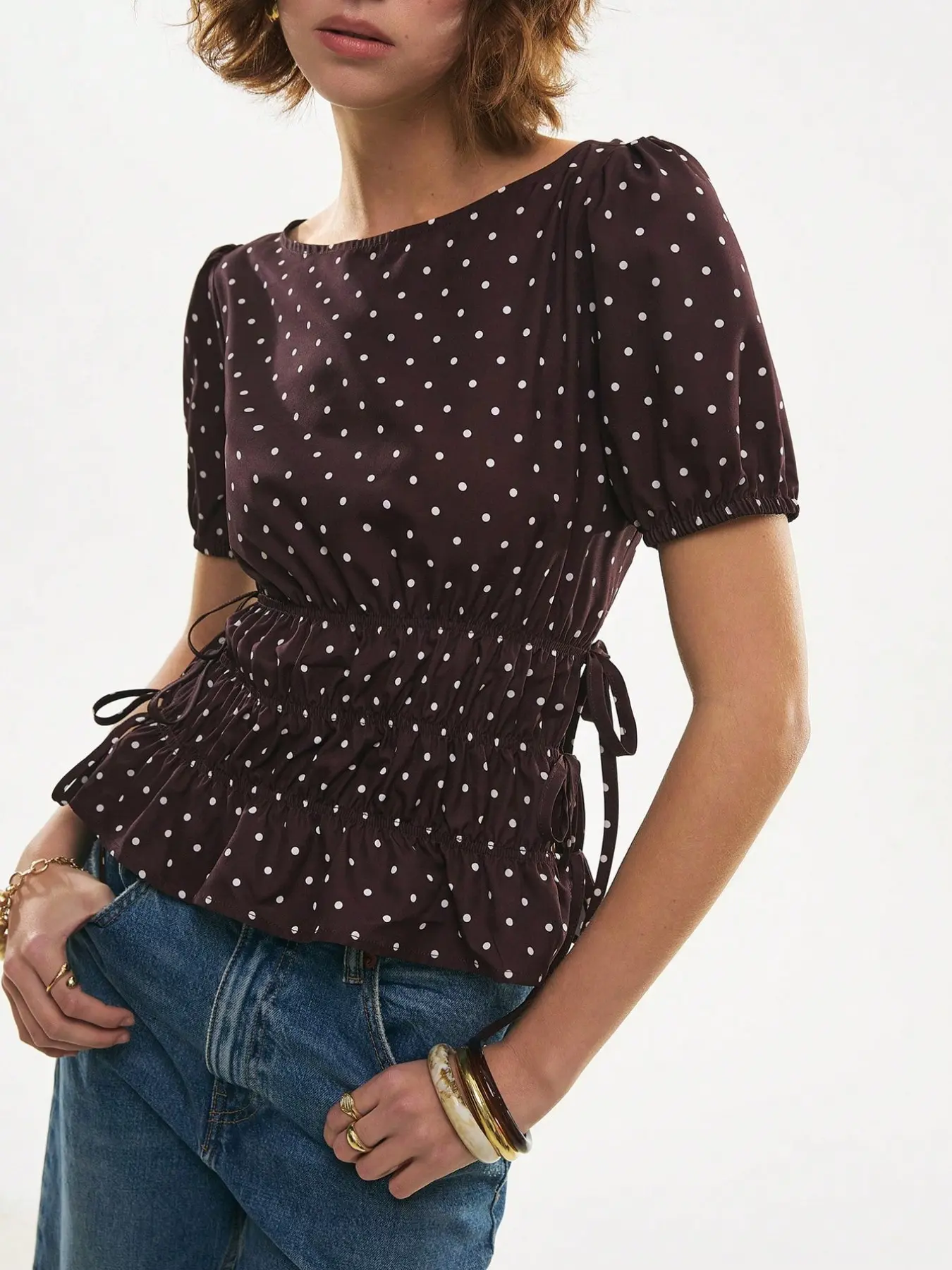 Polka Dot Pleated Peplum Top, Vintage Bubble Sleeve Drawstring Waist Adjustable Top, Retro Millennial Casual Commute Top, Elegant Slim Fit Top Blouse Shirts Womenswear, Bubble Sleeves Top