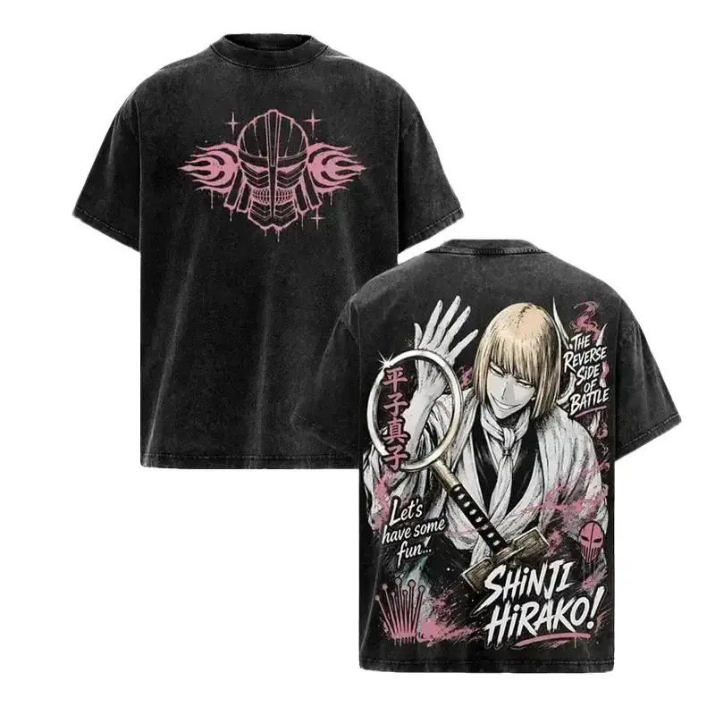 Bleach Shinji Hirako Vintage Acid Wash Oversized Graphic Tee Pink Heavyweight Streetwear Cotton T-Shirt Visored Hollow Mask Anime Cosplay Shirt Gift for Manga Fans