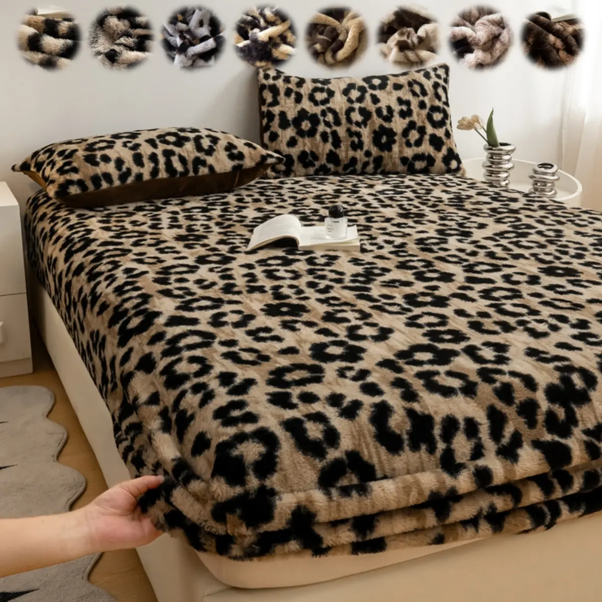 Luxury Faux Rabbit Fur Fitted Sheet – Leopard/Tiger Print, Elegant Patterns, Soft Warm Cozy Touch Solid Color Bedding Bed Sheets, Set with 1 Fitted Sheet or 2 Pillowcases, All-Season Use, Perfect for Bedroom, Dorm, Sofa Décor, Ideal Christmas Gift