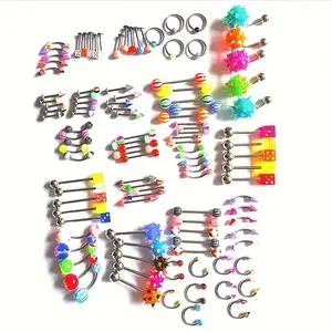 105/110pcsPunkStyleBodyJewelrySet-AcrylicBead,StainlessSteelRod,IncludesTongueBell,EyebrowRings,NavelHoops,LipPlugs,NoseRingsforDailyWear&Parties