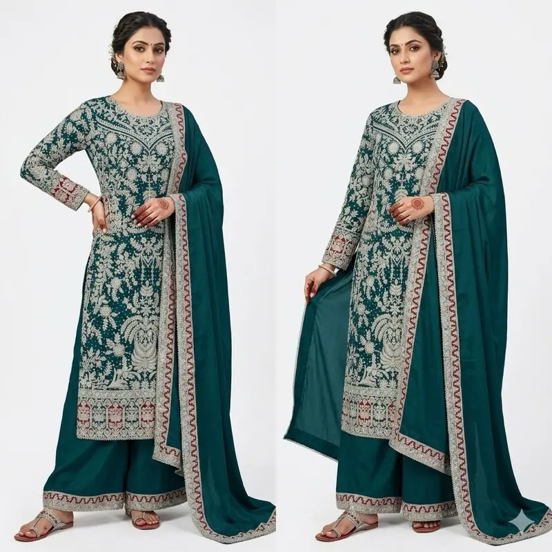 Women's Traditional Embroidered Long Cotton Panjabi - Modest Asian Lacy Sleeves Dress, Premium Fabric, 3 Color Options for Indian-Pakistani Modest Fashion Apparel, Three