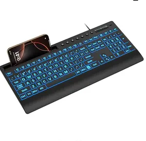 SABLUTE KC782 Large Print Backlit Keyboard, USB Wired Computer Keyboard with Backlight Memory Function, Wrist Palm, 7-Color Lighted Office Home Keyboards,Light Up Keyboard for Windows Desktop, Laptop, PC