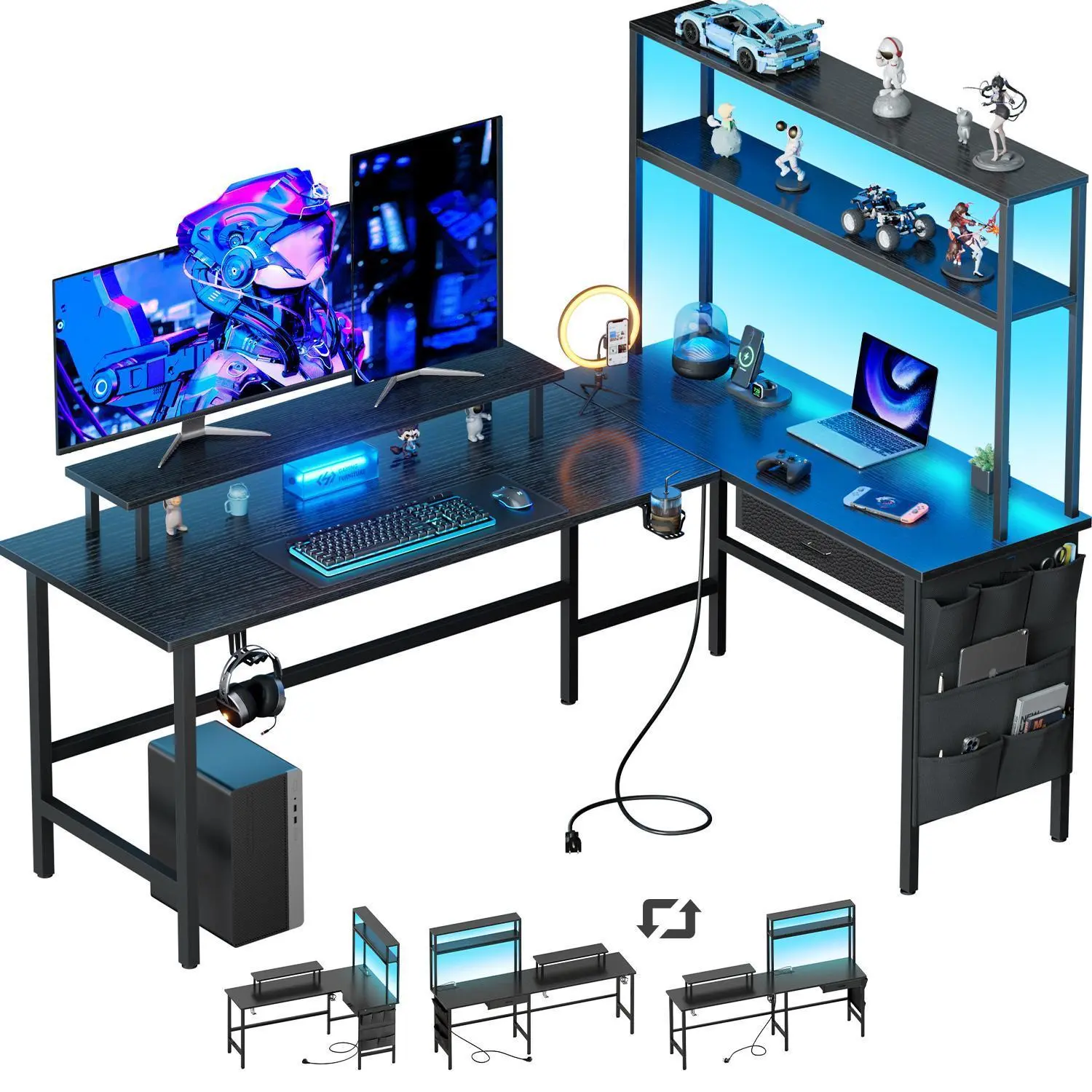 Ecofurnix,L Shaped Gaming Desk with LED Light & Power Outlet, 150 × 100 cm Reversible Computer Desk with Storage Shelves & Drawer & Bag, Corner Desks with Monitor Stand for Home Office, Black Adjustable Height Table summerwins