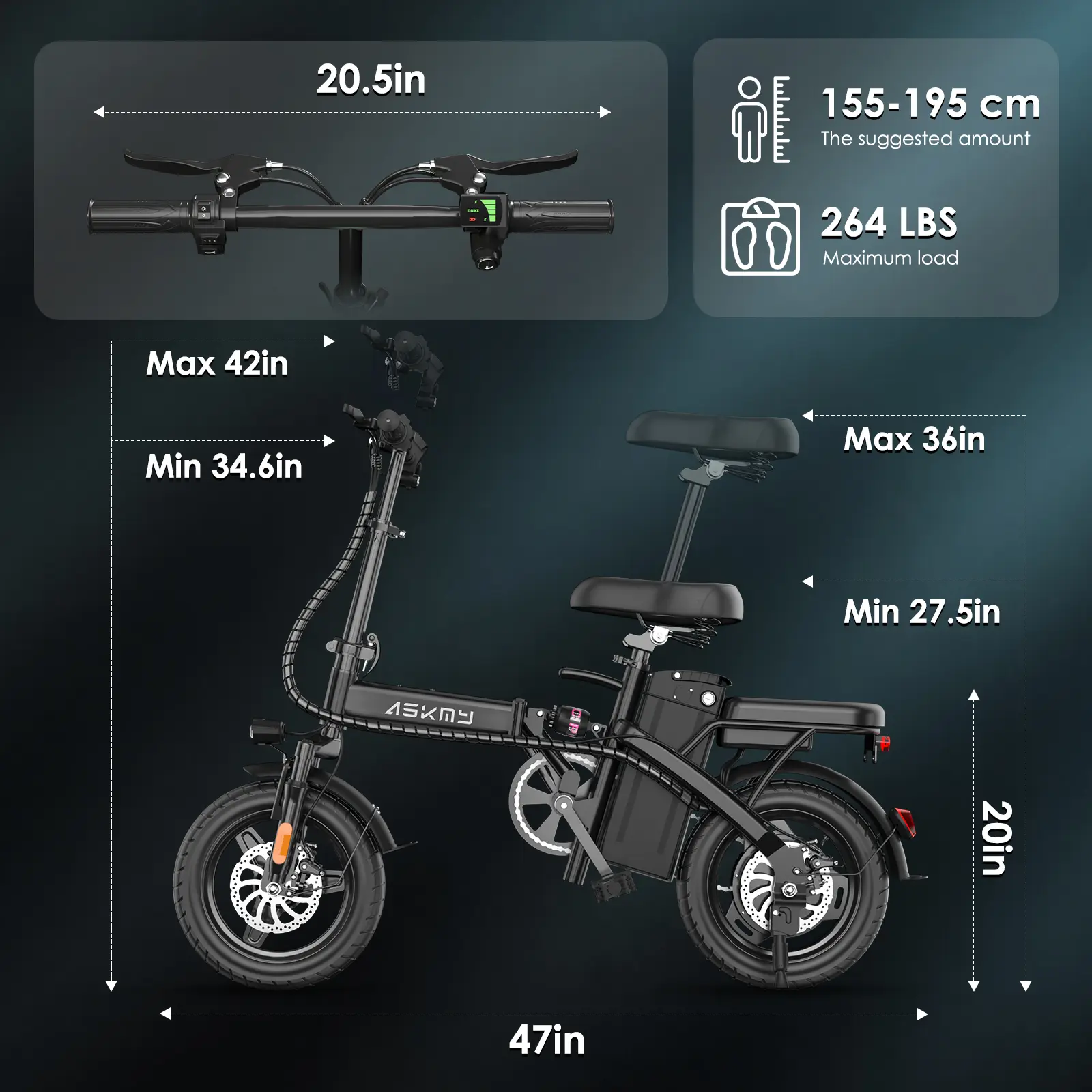 ASKMY E14 Urban Folding Electric Bike, 1000W Peak Motor, Up to 45 Miles  Long Range |