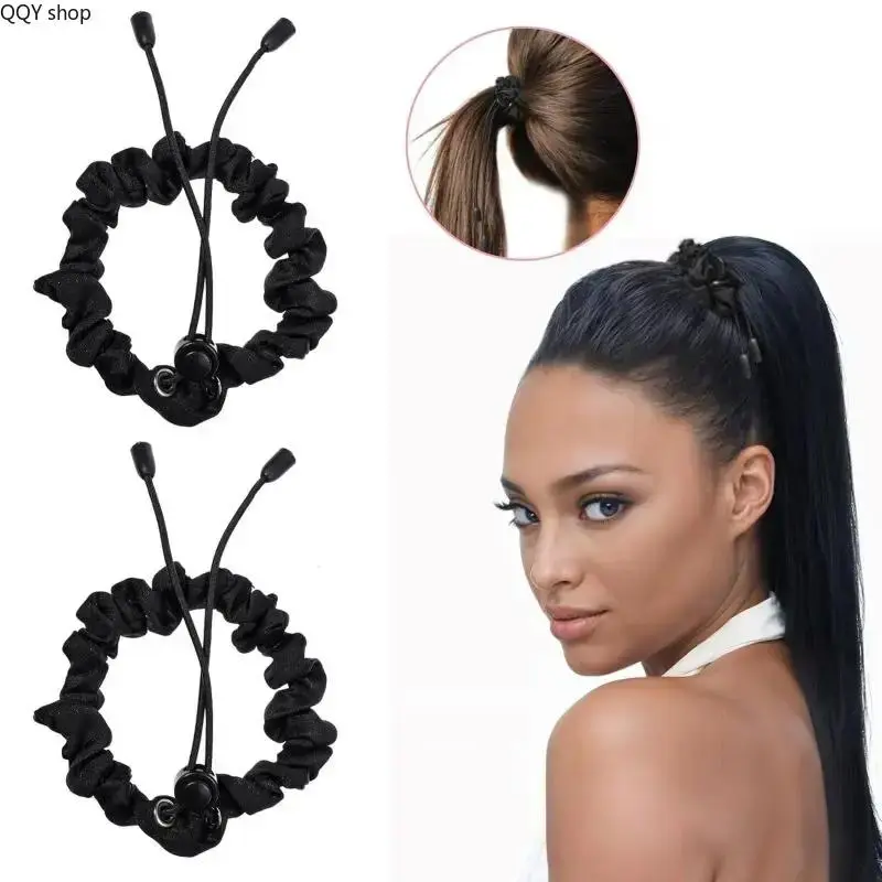 2 Pack Black Adjustable Satin Hair Scrunchies, Soft No Damage Hair Ties, Gentle Smooth Satin Ponytail Holders, Elastic Comfortable Hair Accessories Ideal for Thick Curly Natural 4C Hair, Afro Puffs, Locs & Daily Hairstyle Styling