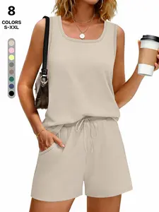 New Women's Two-Piece Set Casual Home Wear, Sleeveless Tank Top + Matching Shorts, Comfortable Lazy Lounge, Can Be Worn Outside, Womenswear