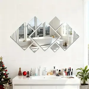 7pcs Diamond Square Self-Adhesive Acrylic Mirror Wall Stickers, Shatterproof Back Adhesive No Drilling Installation, High Definition Decorative Decal for Bathroom Bedroom Living Room Decor Wall Decal