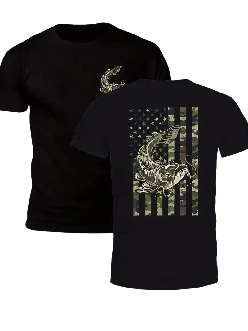 Mens Graphic Camo American Flag Catfish Fishing Double-Sided Cotton T-Shirt - Casual Classic Menswear Outdoor Patriotic Angler Tee