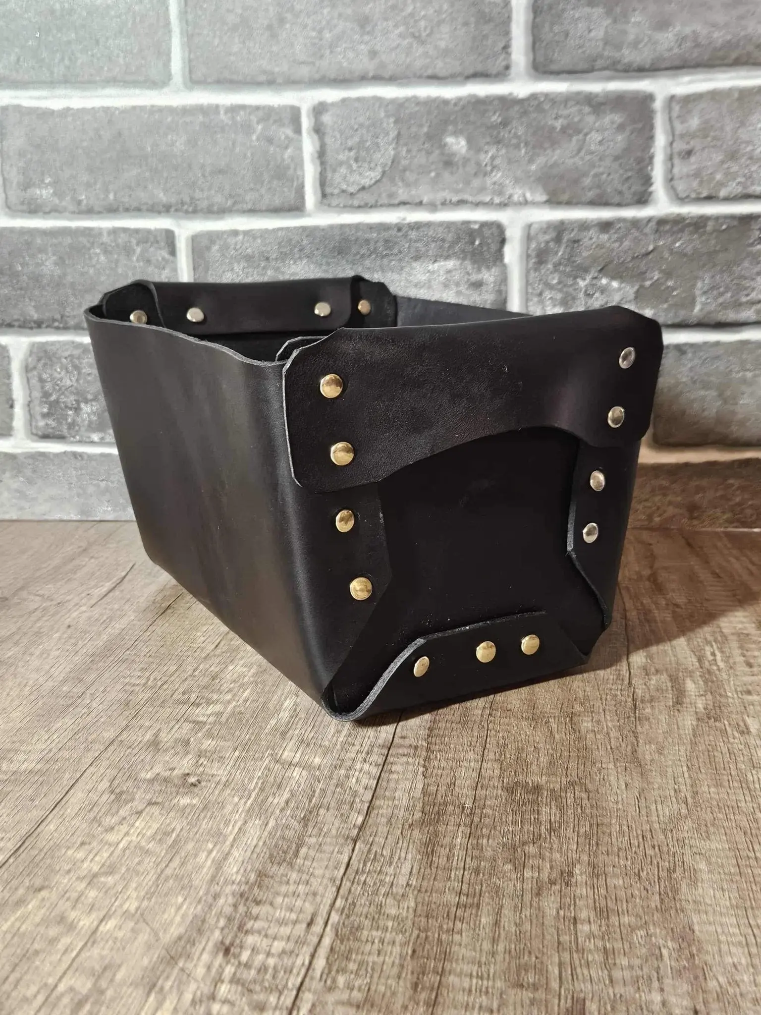 Black Leather Rectangle Storage Basket Organizer, 6x10x8", Rustic Household Home Supply for Room Decor, Handmade