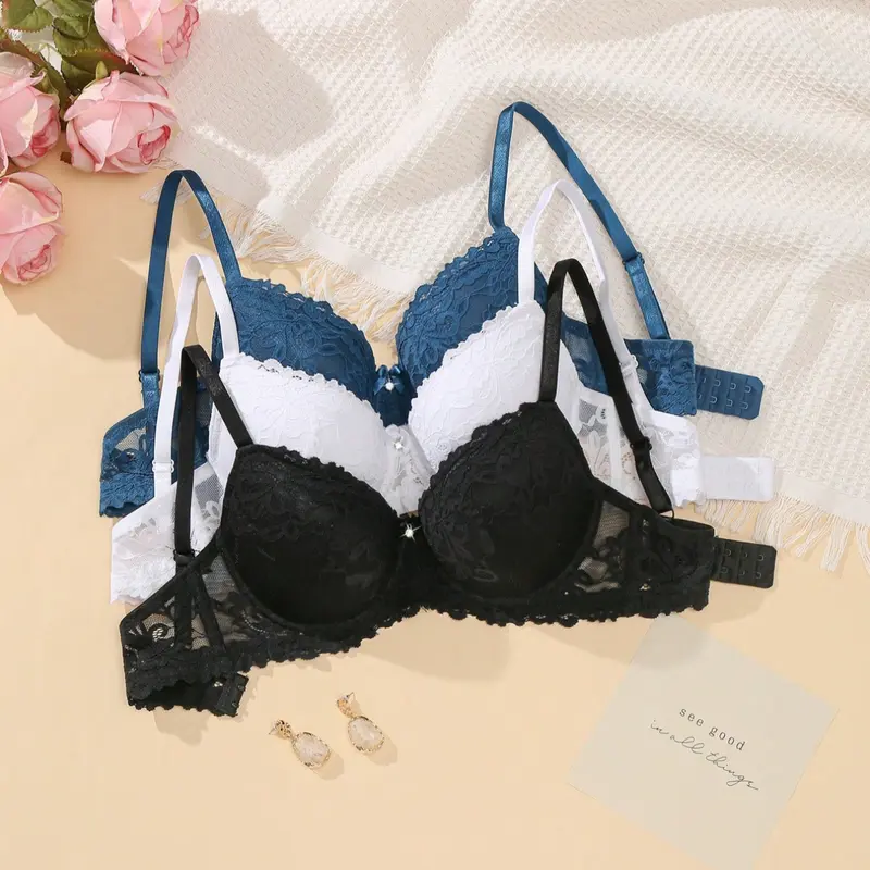 Women's Sexy Lace Underwire Bra, Lacy Underwire, Underwear, Chic, Aesthetic, Buckle, Medium Support, Fitted Lining, Elegant Design, All Seasons Wear, Everyday, Daily Use, 3/4 Coverage