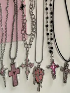 Gothic Style Y2K Cross Heart Pendant Necklace Set, Hip Hop Punk Fashion, Ideal Emo Accessory for Women, 6 Piece Jewelry, Fashionable Jewelry, Cross Necklaces, Assorted Necklaces, Cross Charm Necklace, Gothic Witch Jewelry, Gothic Mystery Jewelry