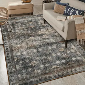 Brown Distressed Vintage Design Flower Area Rug For Living Room Bedroom Dining Room,Faux Cashmere Machine Washable Rug for Kitchen, Bathroom, Laundry Room,Non-Slip Backing, Vintage, Easy Clean, Durable, Low Pile Rug,5x8 Feet,6x9 Feet