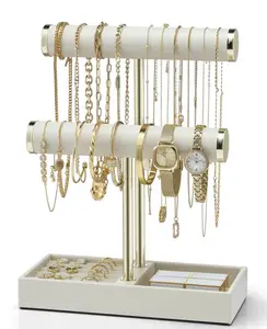 Vlando 2 Tier Bracelet Holder Organizer with Tray Leather Jewelry Stand for Women White Display for Necklaces Watches Rings Bangles Scrunchies