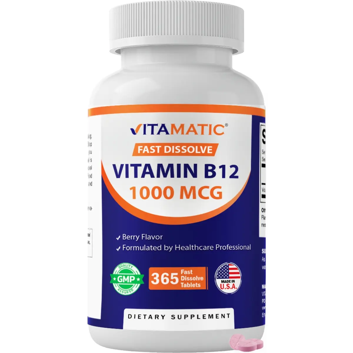 Vitamatic B-Complex Vitamins Supplements Edible Dietary Supplement - 1000 mcg Fast Dissolve Tablets, Natural Berry Flavor, 365 Tabs/Bottle (3 Bottles), Red Blood Cell Production, Energy Boost, Metabolism Support