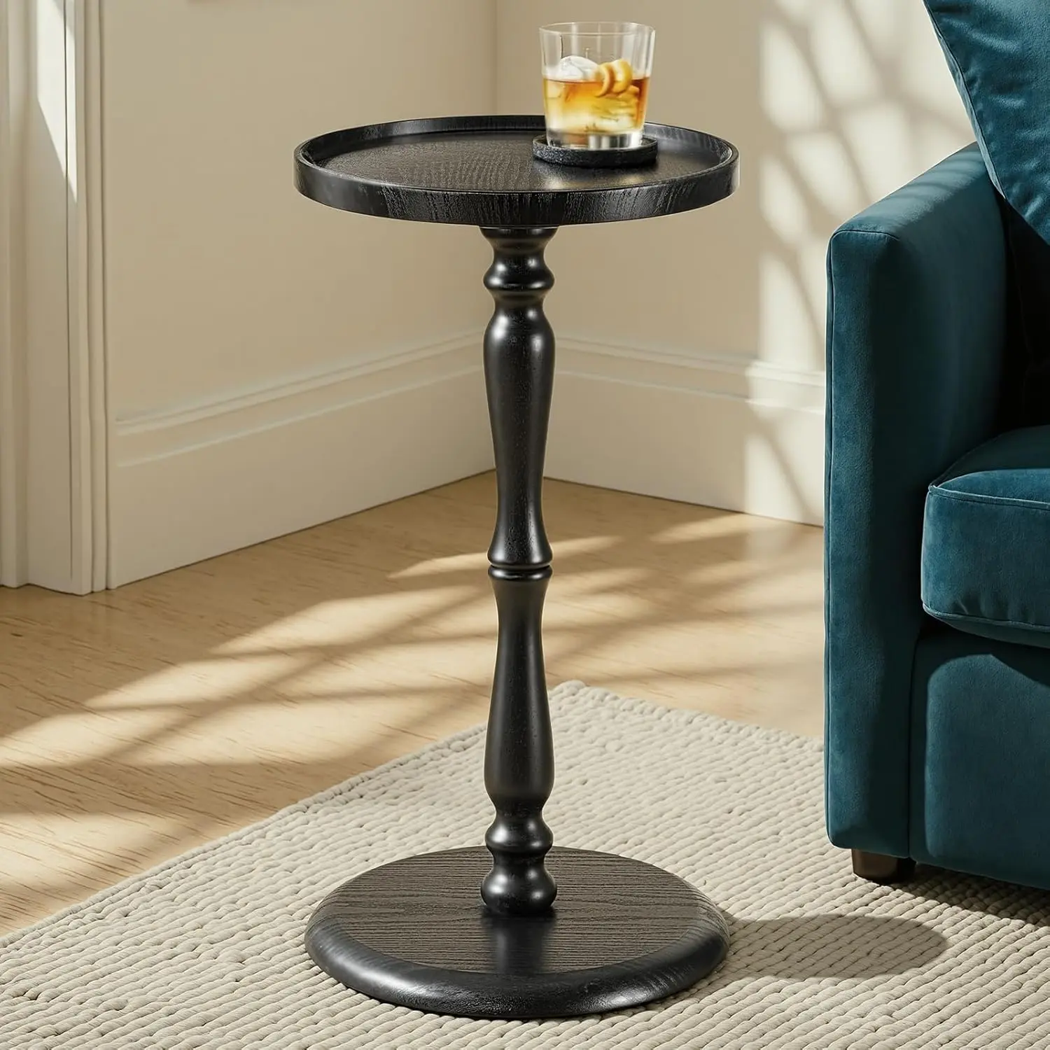 [Summer Vibes]Relefree Solid Wood Small Drink Table 12.6" Round Tray Top with Thickened Base Waterproof Edge for Living Room Corners Modern End Table