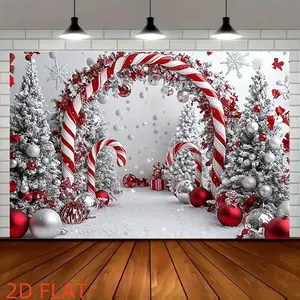 Candy Cane Christmas Backdrop – Snowy Wonderland 2D Flat Holiday Banners | Red & White Xmas Arch Scene with Trees & Ornaments | Peach Print Handcrafted Lightweight Wall Decoration 2025 | Trending TikTok Home Setup