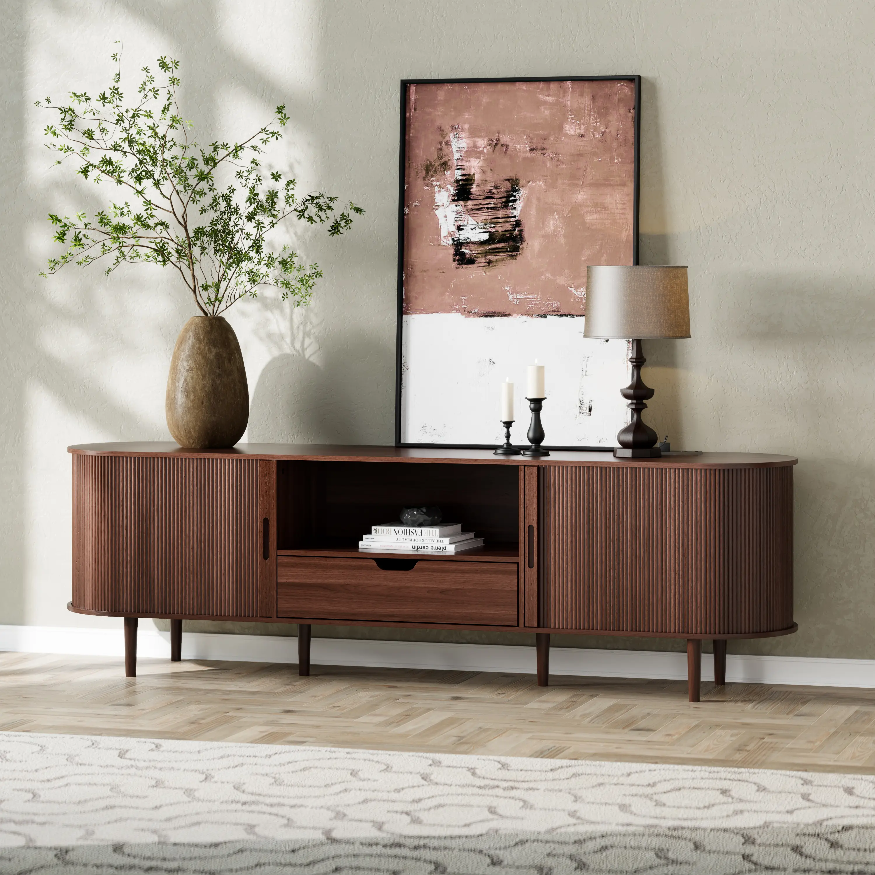 【TV Stand】70/86/95 Inch Fluted Media Console for TVs Up to 80/90/100 Inch, with Power Outlet, Tambour Doors, Drawer and Adjustable Shelves