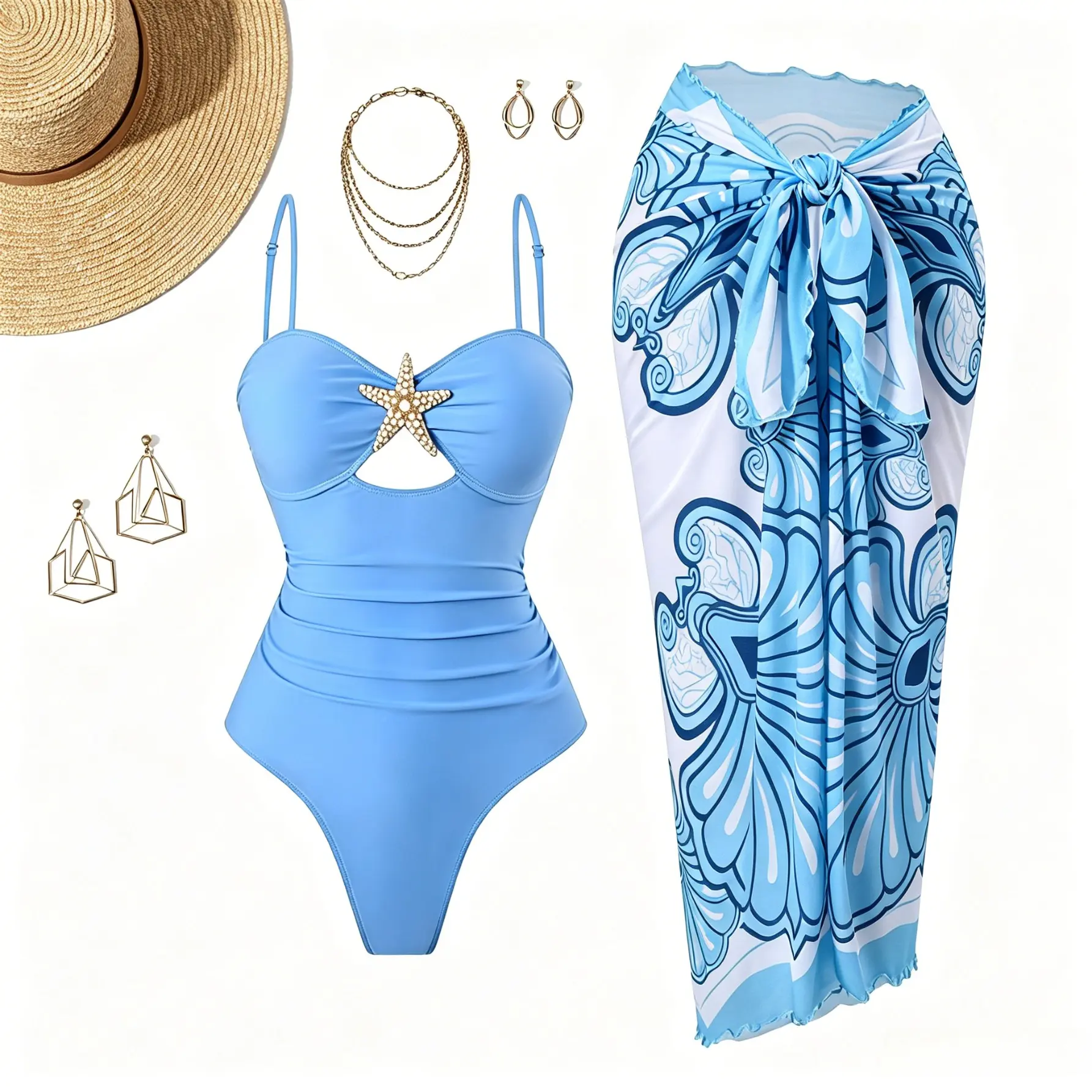 2026 Women's Light Blue Starfish Decor 1-Piece Swimsuit & Floral Sarong Cover-Up Set, High-Stretch Ruched Front Cutout Adjustable Straps Beachwear with Tummy Control, Flexible Comfortable Fit Machine Washable Swimwear for Beach Vacation