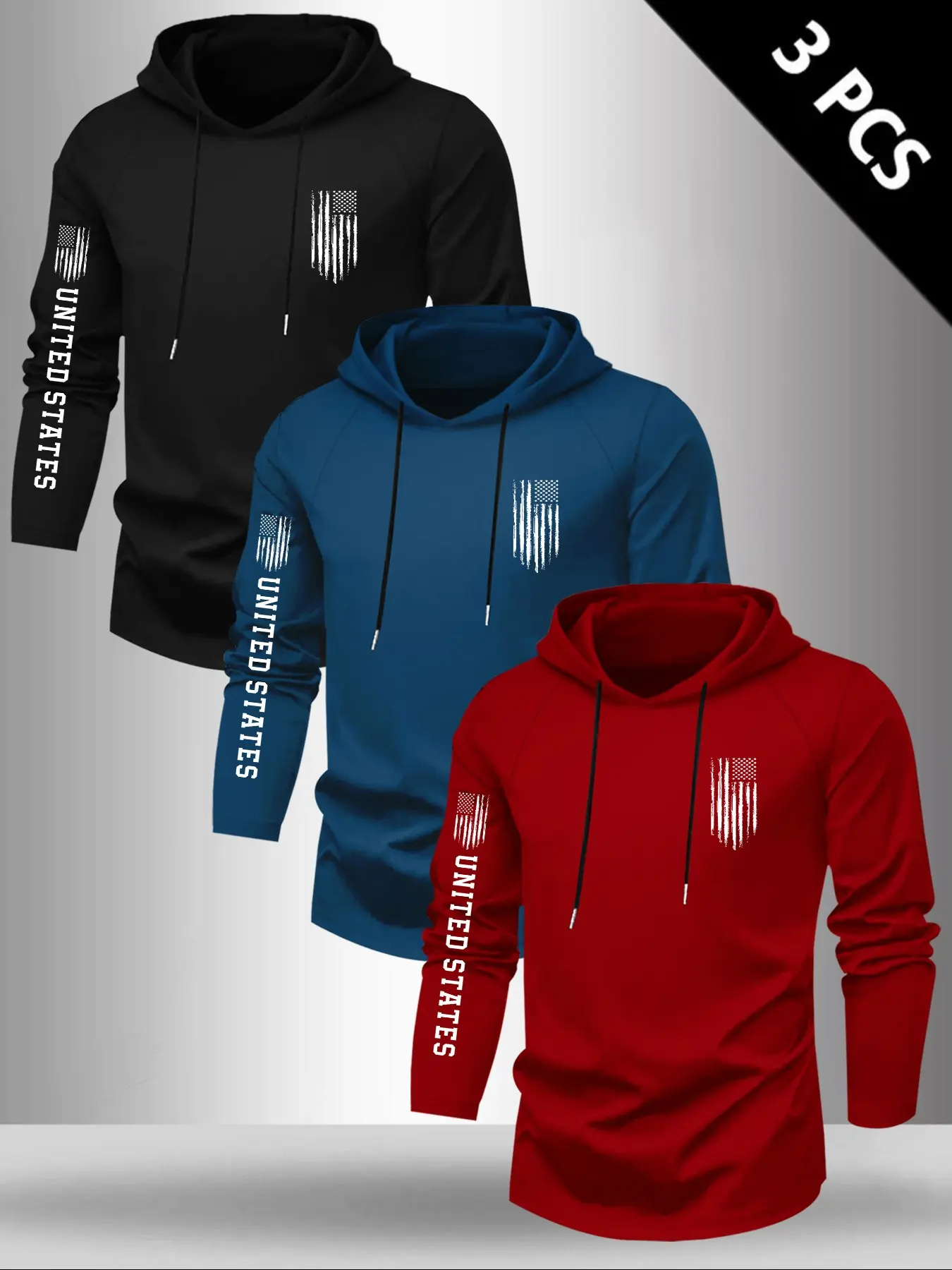 Men's Letter Flag Pattern Print Hooded Long Sleeve T-Shirt, Spring Summer Outdoor Casual Top, Casual Comfy Streetwear, Casual Graphic Streetwear, 3 Pieces Set