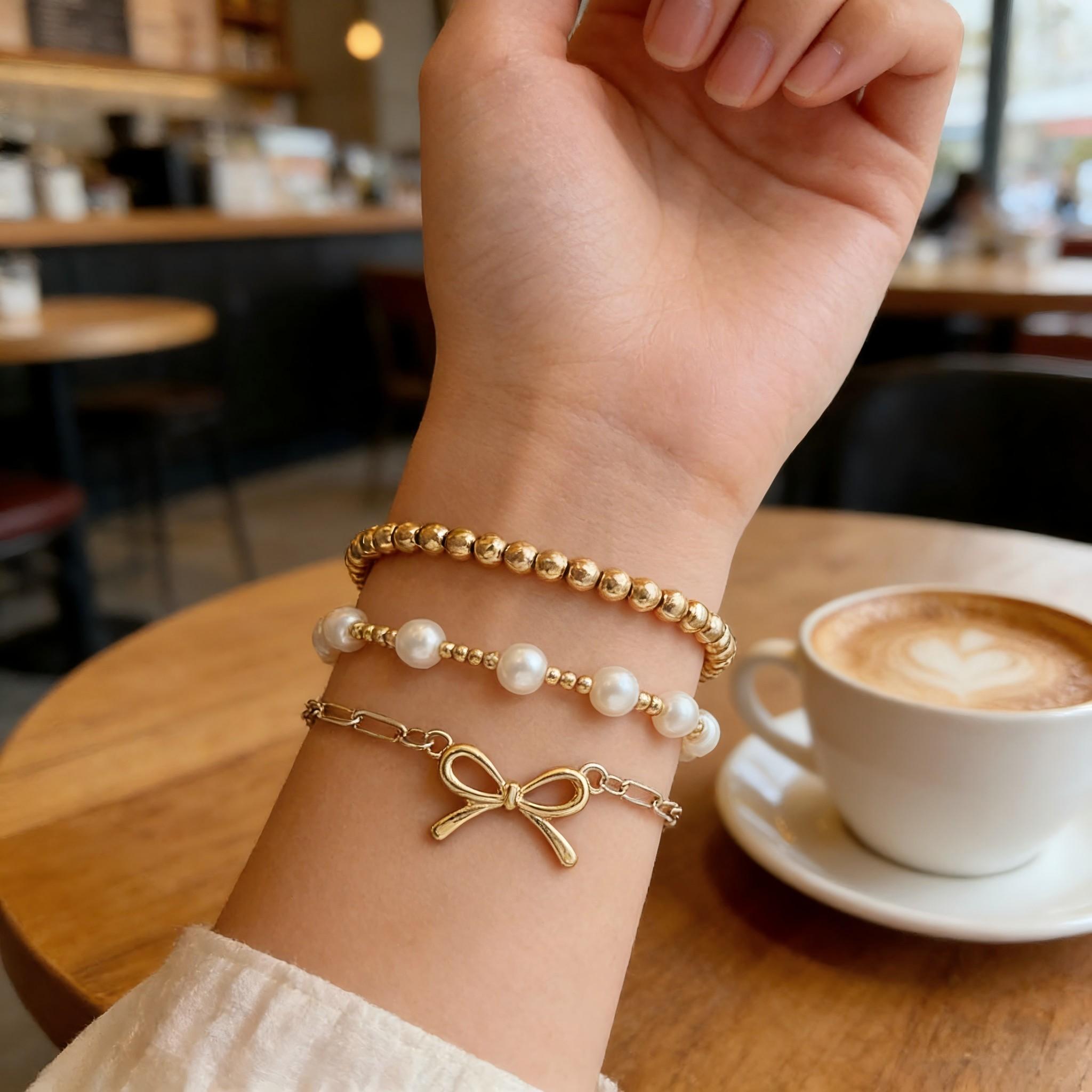 KC 3-Piece Elegant Faux Pearl Bracelet Set, Butterfly Beaded Bracelet, Fashion Jewelry for Party & Daily Wear, Trendy All-Match Accessory, Perfect Birthday Gift for Girlfriend, Wife, Mom, Friends & Her