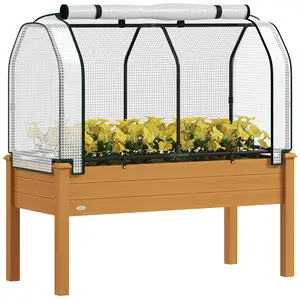 Outsunny Raised Garden Bed with PE Greenhouse Cover Outdoor Elevated Wood Planter Box for Herbs and Vegetables, Use for Patio, Backyard, Balcony, 48 x 22 x 46 inch, Brown