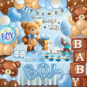 Bear Baby Shower Decorations Boy,80 pcs Balloons,4 Wood Grain Blocks with Letter,"We can bearly wait" Backdrop,Banner,Tablecloth,Balloon Pump, Blue Brown Bear Theme