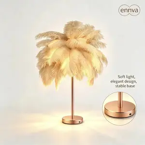 Modern ostrich feather table lamp, high-quality rechargeable model, bedside floor lamp, suitable for living room, bedroom, and office, 24inch High feather table lamp (ostrich color, table lamp - metal material)