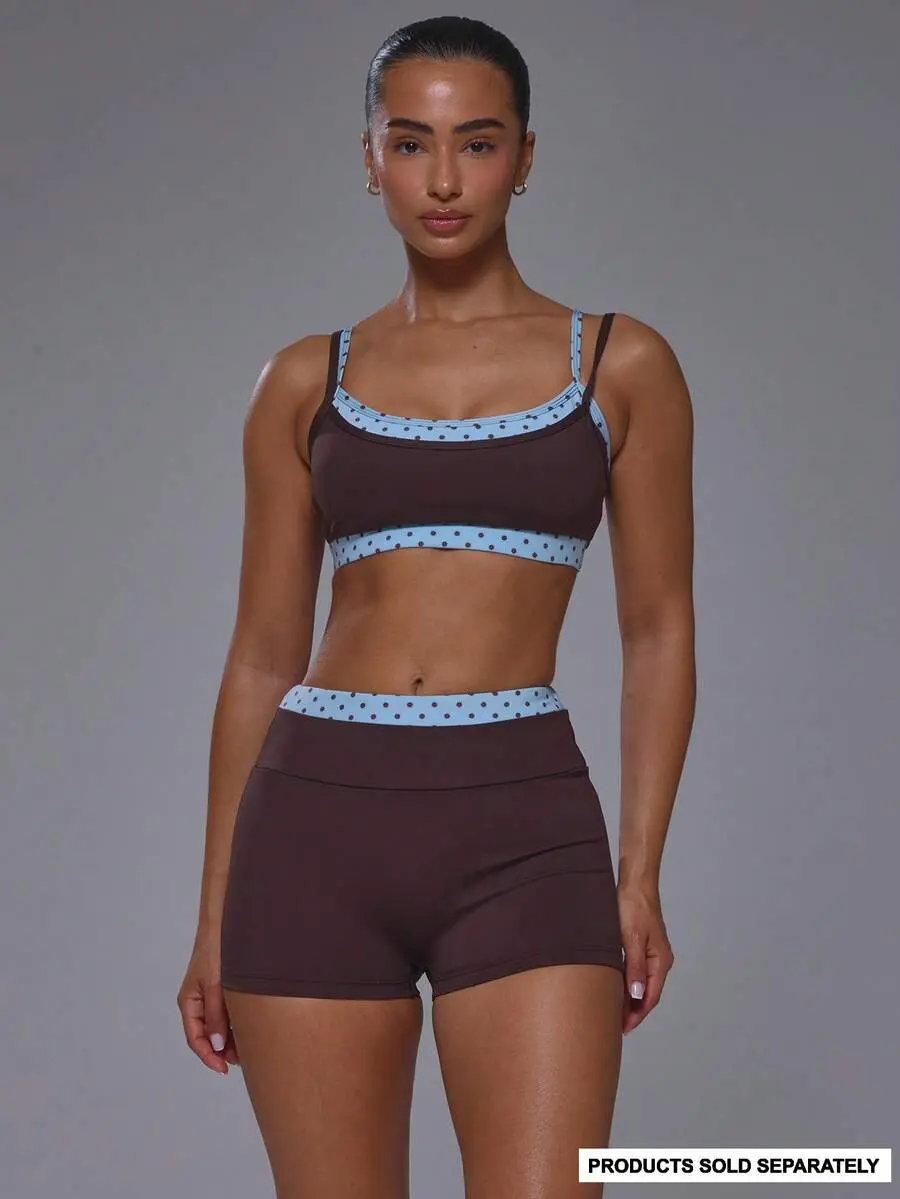 YESS Sport Double Layered Contrast Colour Blue Polka Dot Scoop Neck Strappy Adjustable Sports Bra Coord Top Only Sport Workout Gym Cute Pilates Fitness Daily