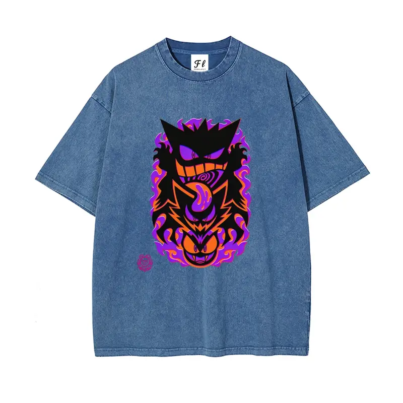 Purple and Orange Ghost Creature Evolution with Flame Unisex Plus Size Summer Graphic Tees Personalized Pattern Y2k Clothing Round Neck Short-Sleeved Washed T-Shirt,Women's Clothing 100% Cotton, Menswear, Top, Vintage Style, Casual Oversized