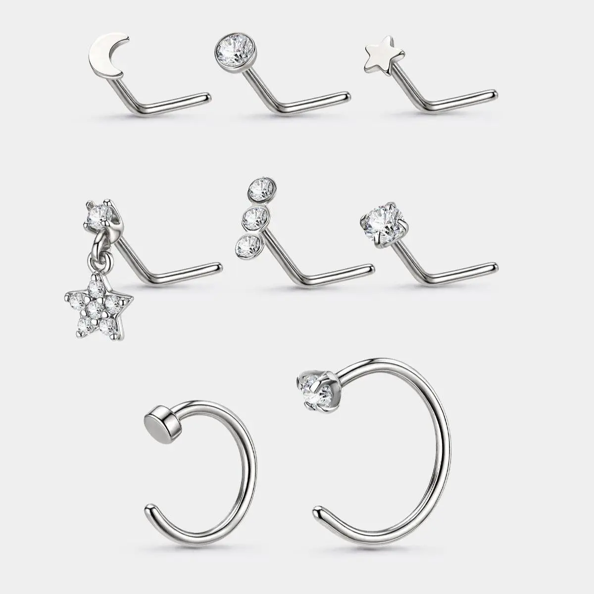 OUFER BODY JEWELRY Nose Rings for Female, 8PCS Hoops and Studs Mix Set, Non-Tarnish Stainless Steel & Titanium for Daily Wear Nose Piercings