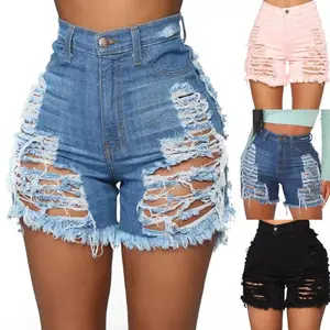 Women's Ripped Denim Shorts High Waist Distressed Design Available in Blue Pink and Black Perfect for Casual Outings and Stylish Events