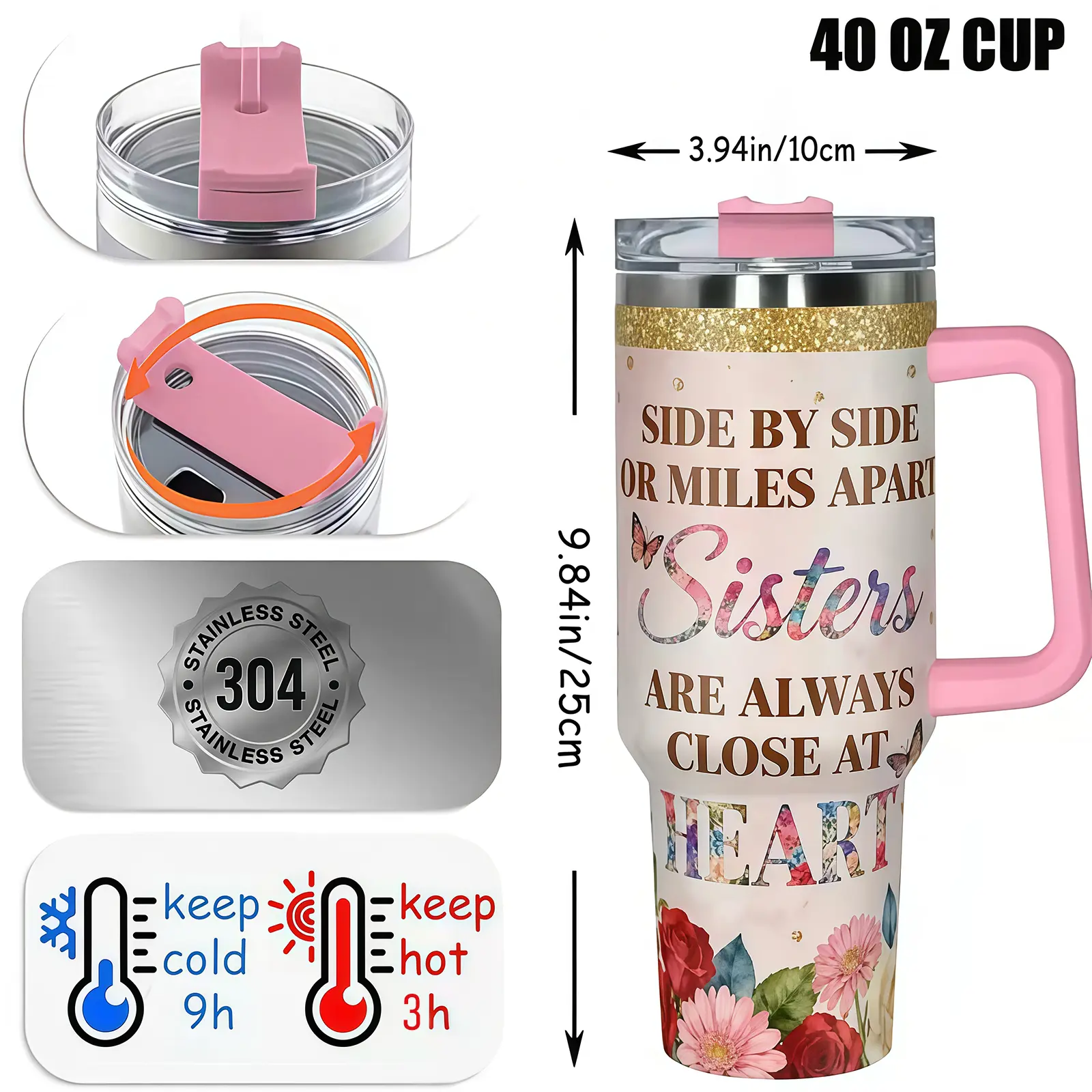 40oz Stainless Steel Insulated Double-Wall Vacuum Flask, Stylish Classic Leak-Resistant Portable Drinkware, "Always My Sister Forever My Friend" Floral Design Large-Capacity Cup for Outdoor Gym Hiking