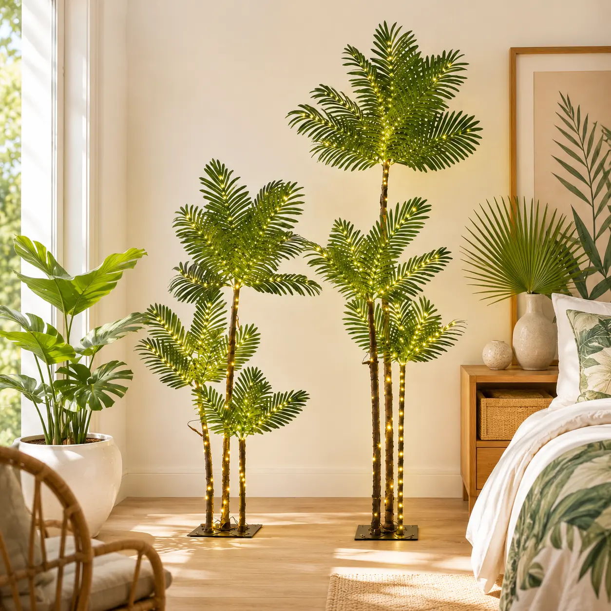 USB-Powered LED Artificial Palm Tree Floor Lamp (4.9ft/5.9ft), 3 Trunks, 4 Lighting Modes, Tropical Indoor-Outdoor Home Decor for Backyard Parties, Weddings