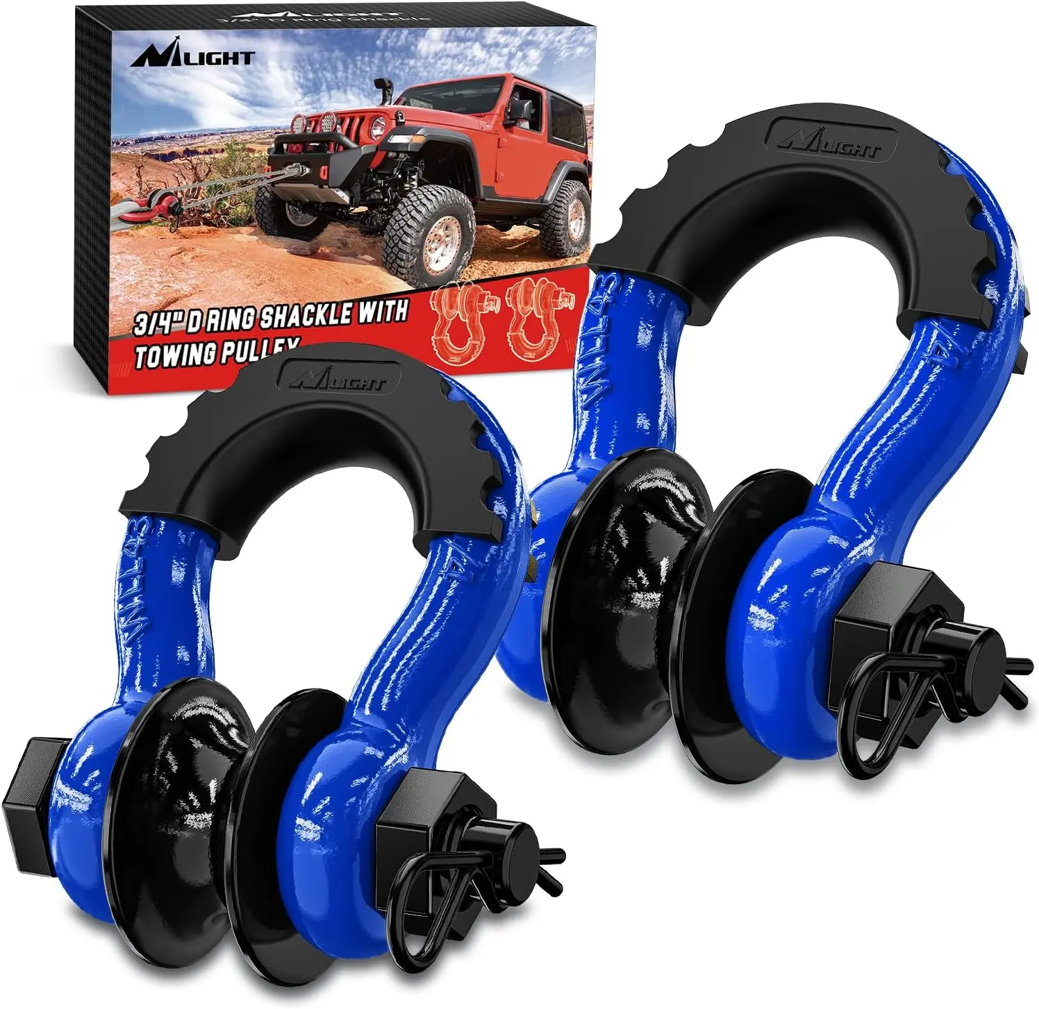 Nilight 2-Pack Heavy-Duty 3/4" D-Ring Shackles Kit with Towing Pulley, 4.75-Tonne (9500 Lbs) 7/8" Pin, Isolators, Washers, Winch Strap Hook for Off-Road Vehicle Recovery, Synthetic Winch Rope, Force Distribution, Pulley Set