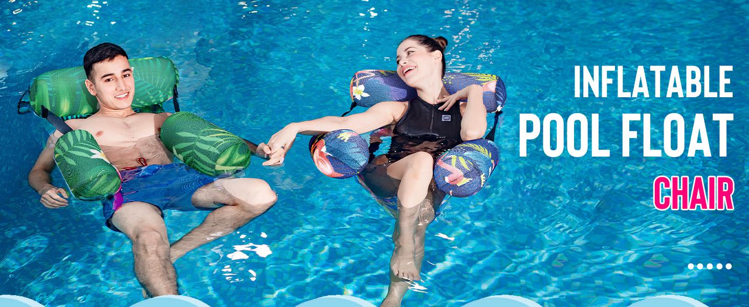 WERNNSAI 2 Pack Inflatable Pool Float Chair with CUP-HOLDER for Adults & Kids,  Pool Floaters Lounge Chair with Tropical Leaf Design, Heavy Duty PVC Oxford Cloth Adjustable Straps, Pool Floaties Summer Pool Party Beach Lake Vacation Gifts  MemorialDay