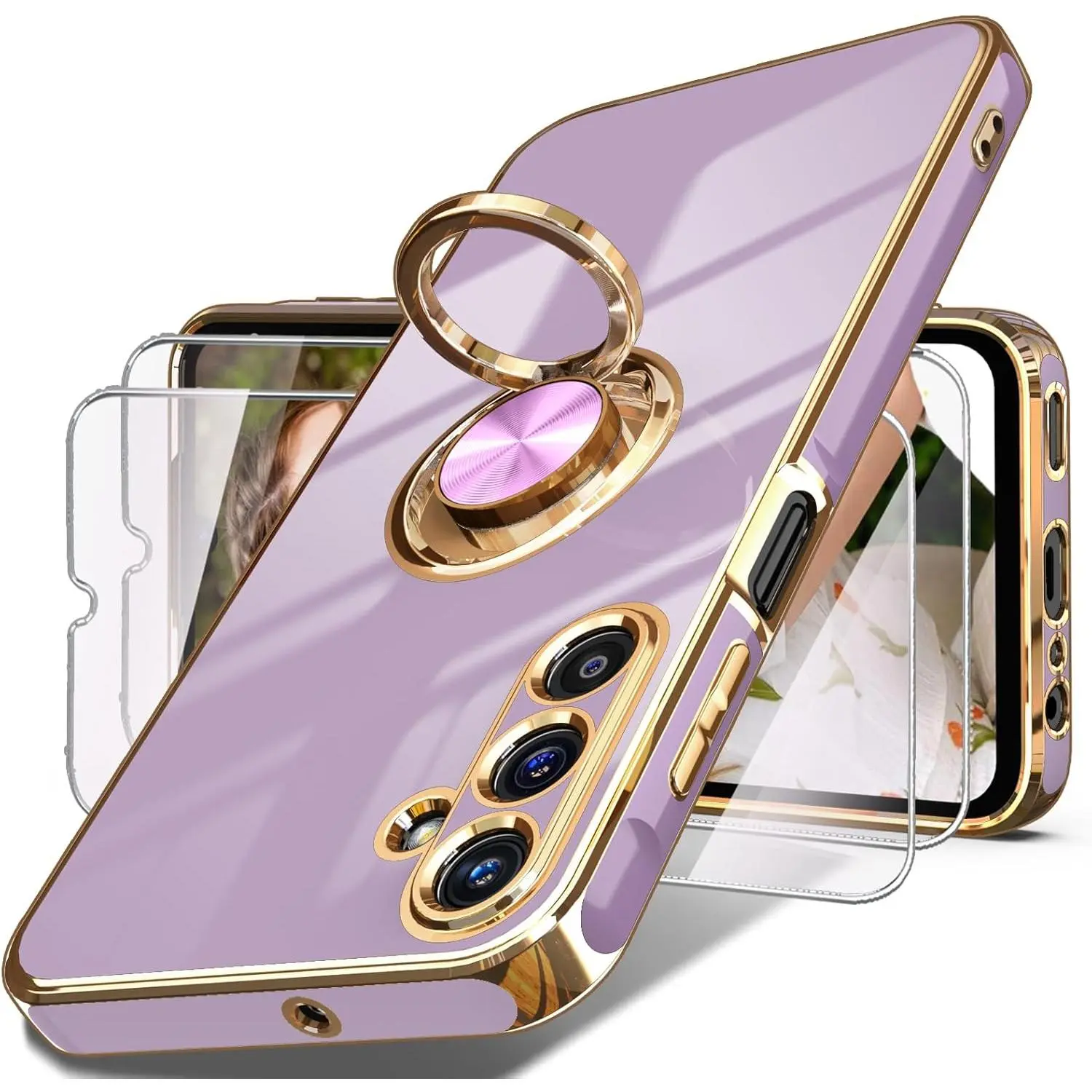 SQ-PCS019 Smartphone Case with Screen Protector for Samsung Galaxy A16 5G - Plated Gold Edge, Slim Soft TPU Shell, 360° Rotatable Ring Holder Magnetic Kickstand for Handheld Cellphone Devices (Purple)