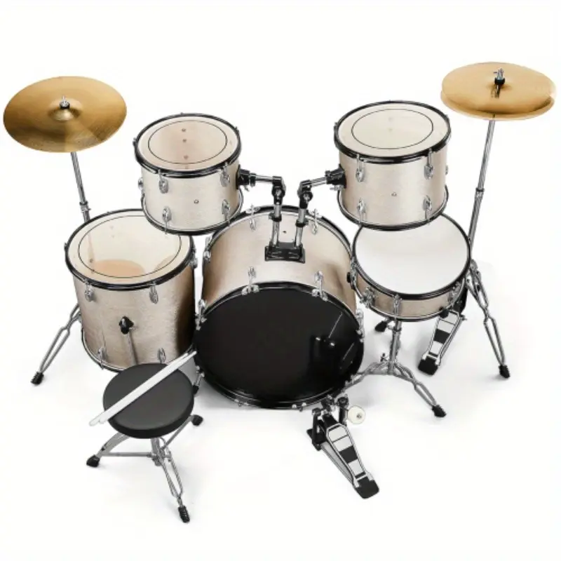 Adult 5-Piece 22in Poplar Wood Complete Drum Kit - Black Set with Bass, 2 Toms, Snare, Floor Tom, 16" Ride Cymbal, 14" Hi-Hat Cymbals, Height-Adjustable Chair, Pedal, Silvery Sticks (Adult Complete Set), Adult Set, Complete Kit