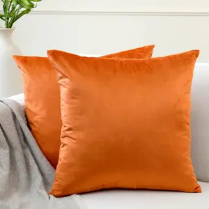 Velvet Throw Pillow Covers 18x18 in (45x45 cm) - Orange - No Inserts, Pack of 2 |   Plain Dyed Soft &, Square Decorative Cushion Covers for Living & Bedroom