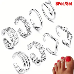 8pcs/ set Adjustable Women's Foot Rings, Open Ring Set, Beach Jewelry Party Gift