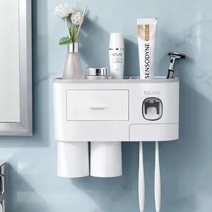 Wall Mounted Toothbrush Holder with Automatic Toothpaste Dispenser 6 Brush Slots 2 Magnetic Cups Cosmetic Drawer Organizer Large Storage Tray Bathroom Accessory Organizing Mirrors